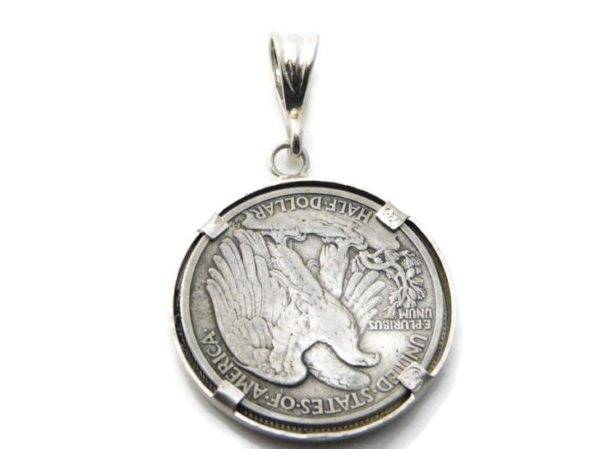 Half Dollar walking Liberty 1930’s- 1940’s coin on .925 Sterling Silver Charm Bezel - Image 2