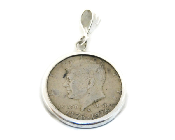 Half Dollar Kennedy Bicentennial  1776- 1976 coin on a .925 Sterling Silver Charm Bezel