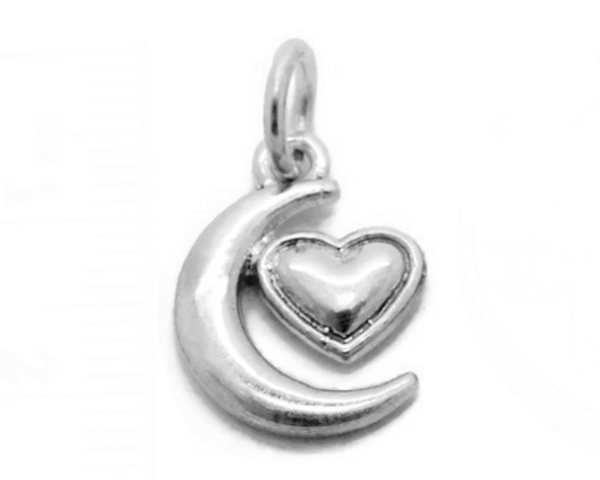 Moon with Heart Charm Pendant .925 Sterling Silver