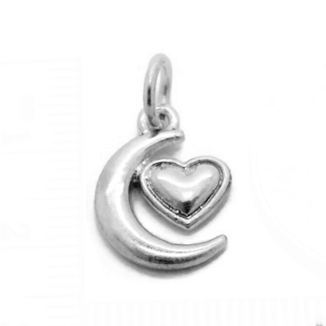 Moon with Heart Charm Pendant .925 Sterling Silver