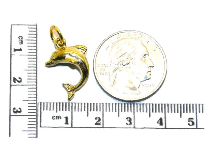 14K Yellow Gold 3D Dolphin Jumping Pendant Charm - Image 2