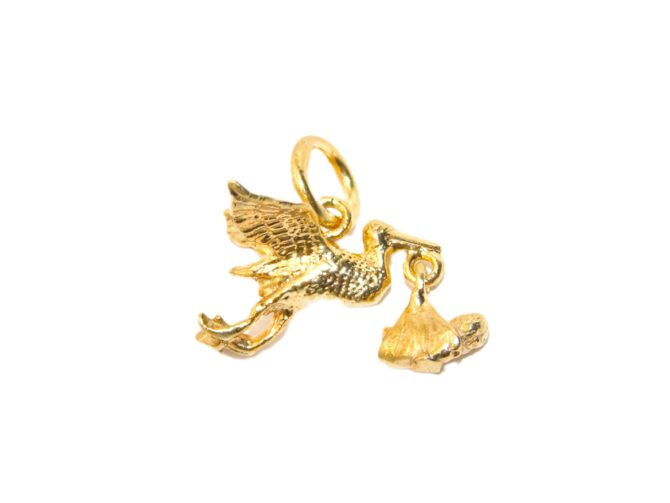 Stork w-Baby 14K Yellow Gold Pendant Charm