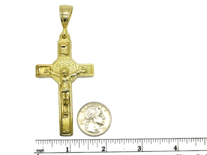 14K St. Benedict Big Cross Yellow Gold Pendant Charm - Image 2
