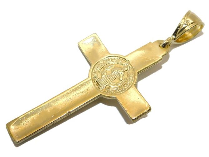 14K St. Benedict Big Cross Yellow Gold Pendant Charm - Image 3