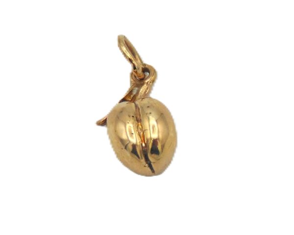 3D Peach fruit Pendant Charm with leaf. Yellow Gold